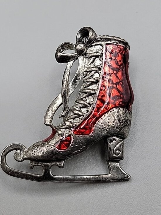 Unbranded Jewelry - Vintage Red & Silver Tone Ice Skate Brooch Laced Up With Bow